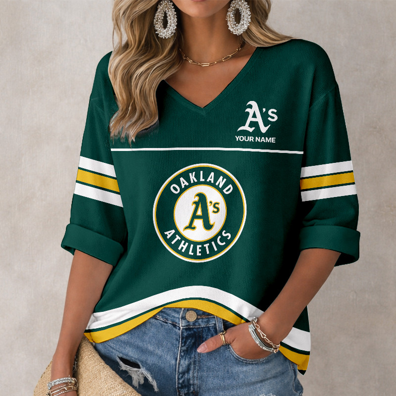 LIMITED EDITION - NEW CUSTOMIZED MLB23 OAS OAKLAND ATHLETICS WOMEN'S HEART V-NECK LONG SLEEVE SHIRT