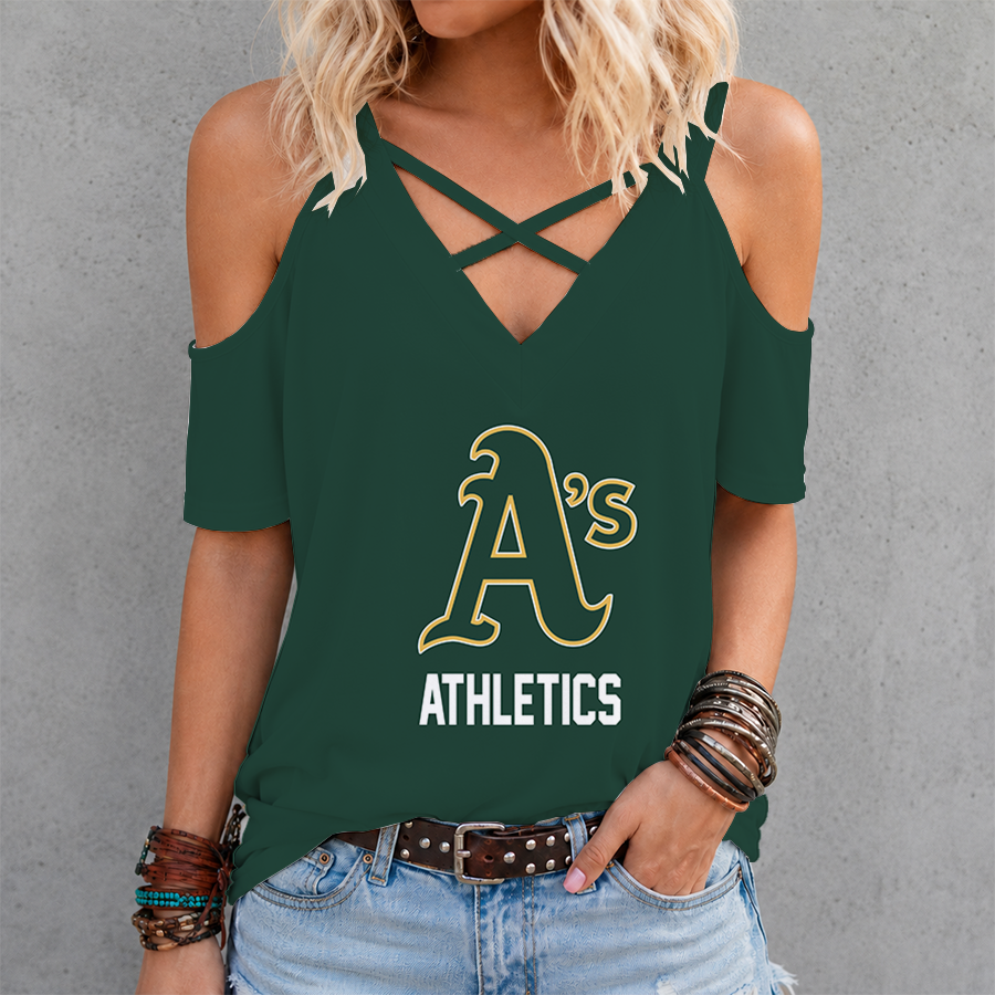 LIMITED EDITION - NEW CUSTOMIZED MLB23 OAS OAKLAND ATHLETICS CRISS CROSS V-NECK TOP