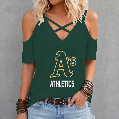 LIMITED EDITION - NEW CUSTOMIZED MLB23 OAS OAKLAND ATHLETICS CRISS CROSS V-NECK TOP