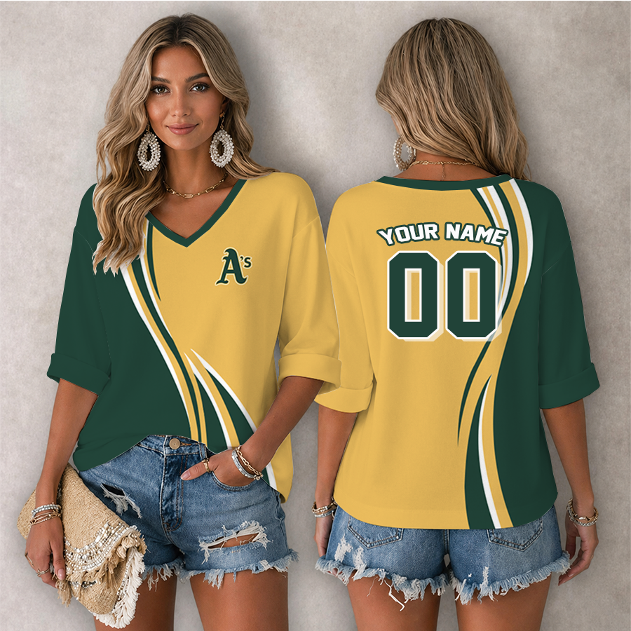 LIMITED EDITION - NEW CUSTOMIZED MLB23 OAS OAKLAND ATHLETICS WOMEN'S HEART V-NECK LONG SLEEVE SHIRT
