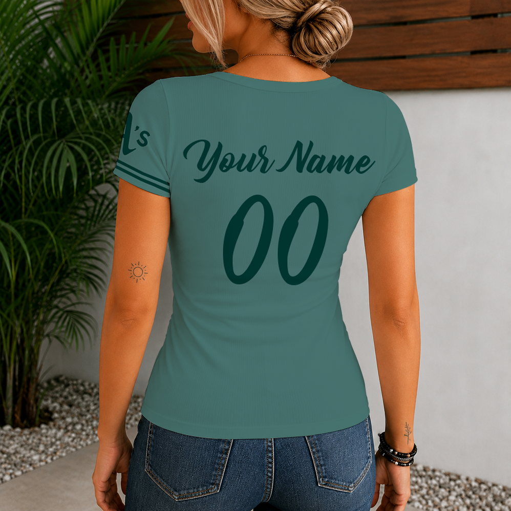 [FLASH SALE] NEW CUSTOMIZED MLB23 OAS OAKLAND ATHLETICS WOMEN'S SHORT SLEEVE HENLEY T-SHIRT