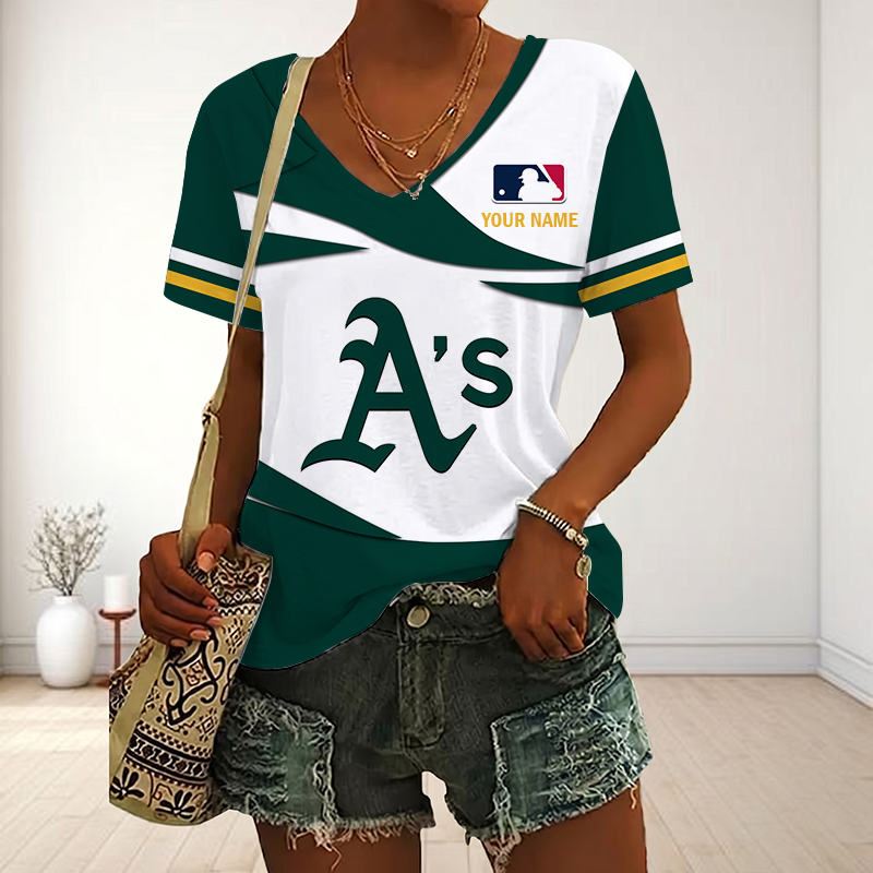 LIMITED EDITION - NEW CUSTOMIZED MLB23 OAS OAKLAND ATHLETICS V-NECK FEMALE SHIRT