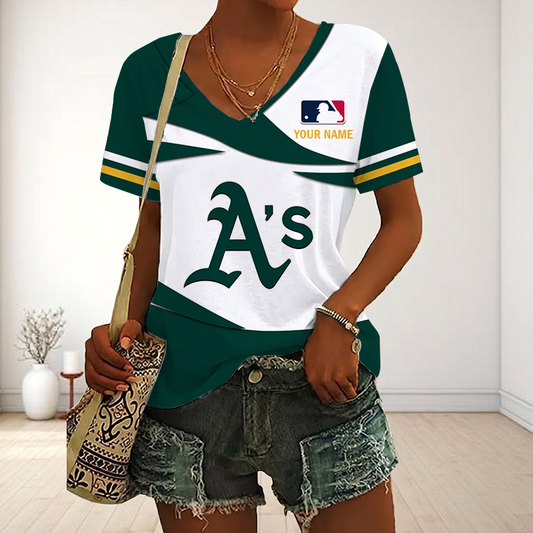 LIMITED EDITION - NEW CUSTOMIZED MLB23 OAS OAKLAND ATHLETICS V-NECK FEMALE SHIRT