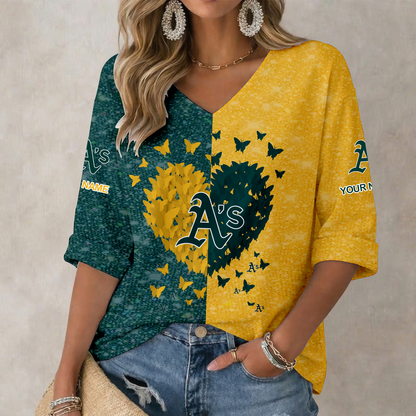 LIMITED EDITION - NEW CUSTOMIZED MLB23 OAS OAKLAND ATHLETICS WOMEN'S HEART V-NECK LONG SLEEVE SHIRT