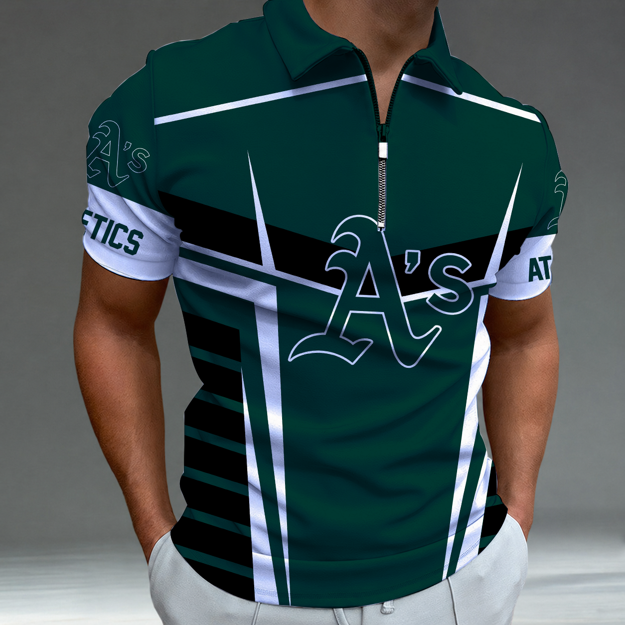 LIMITED EDITION - NEW CUSTOMIZED MLB23 OAS OAKLAND ATHLETICS ZIP POLO SHIRT