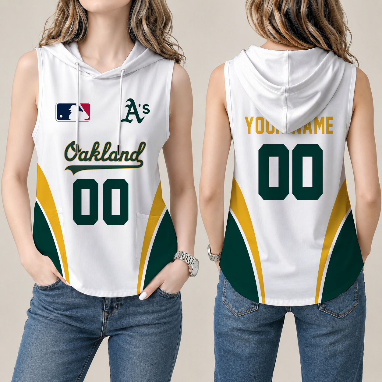 [FLASH SALE] NEW CUSTOMIZED MLB23 OAS OAKLAND ATHLETICS WOMEN'S SLEEVELESS HOODED POCKET TANK TOP