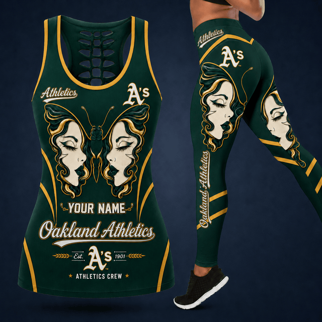 [FLASH SALE] NEW CUSTOMIZED MLB23 OAS OAKLAND ATHLETICS HOLLOW TANK TOP & LEGGINGS SET