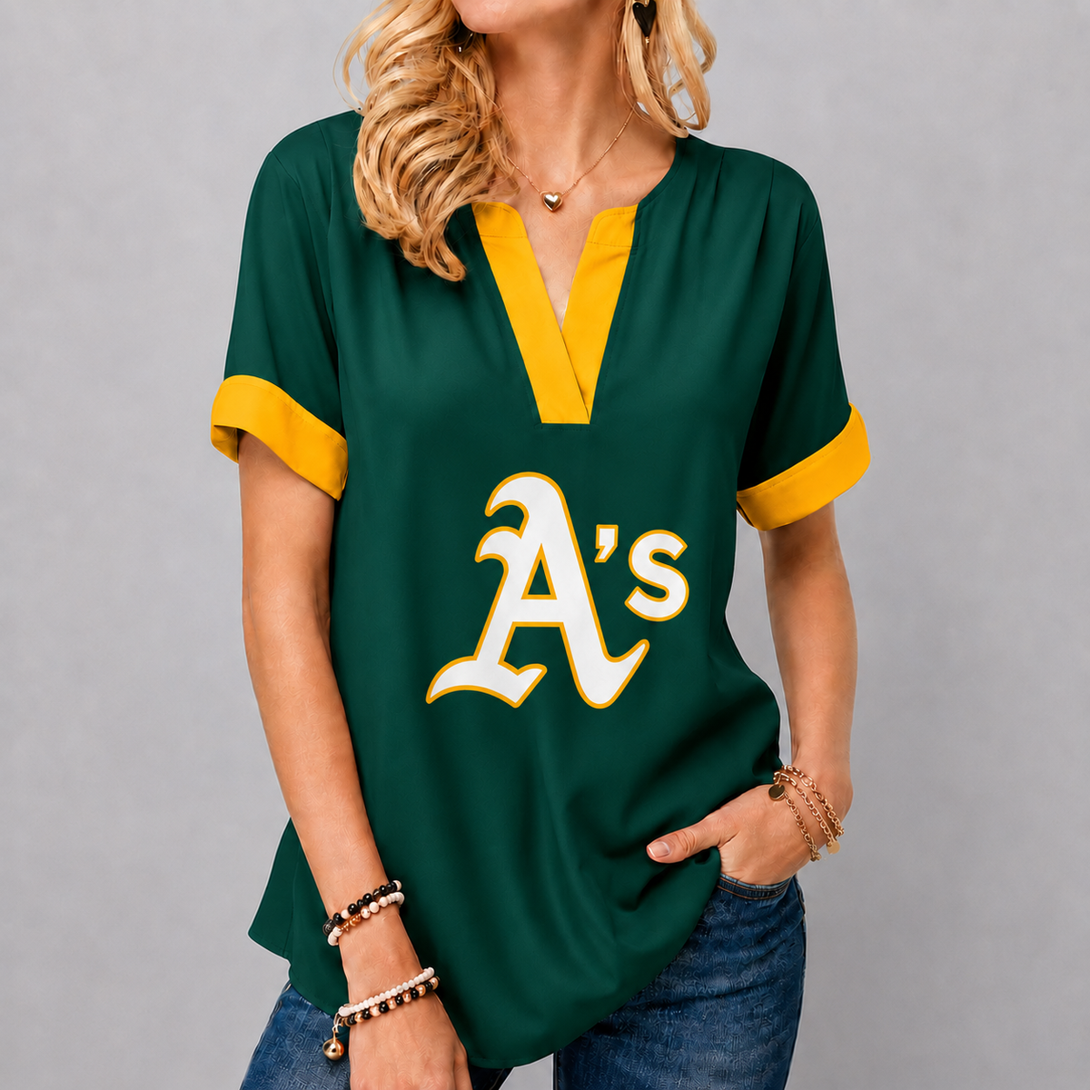 LIMITED EDITION - NEW CUSTOMIZED MLB23 OAS OAKLAND ATHLETICS V-NECK FEMALE SHIRT