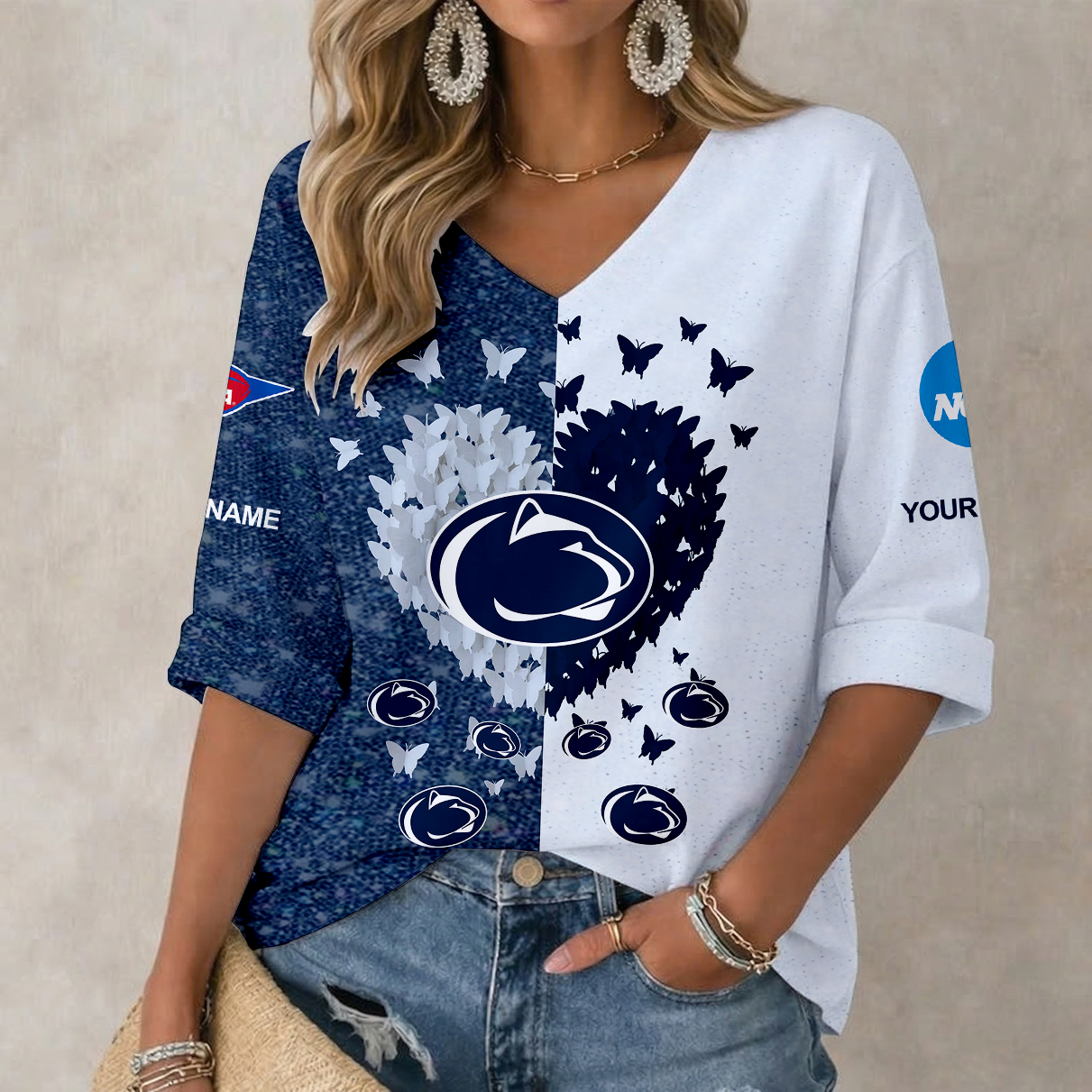 LIMITED EDITION - NEW CUSTOMIZED NCAA FBS23 PNL PENN STATE NITTANY LIONS WOMEN'S HEART V-NECK LONG SLEEVE SHIRT