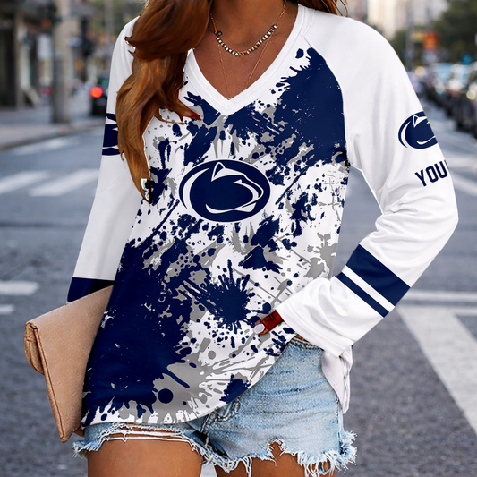 [FAN FAVORITE] NEW CUSTOMIZED NCAA FBS23 PNL PENN STATE NITTANY LIONS WOMEN'S V-NECK LONG SLEEVED SHIRT