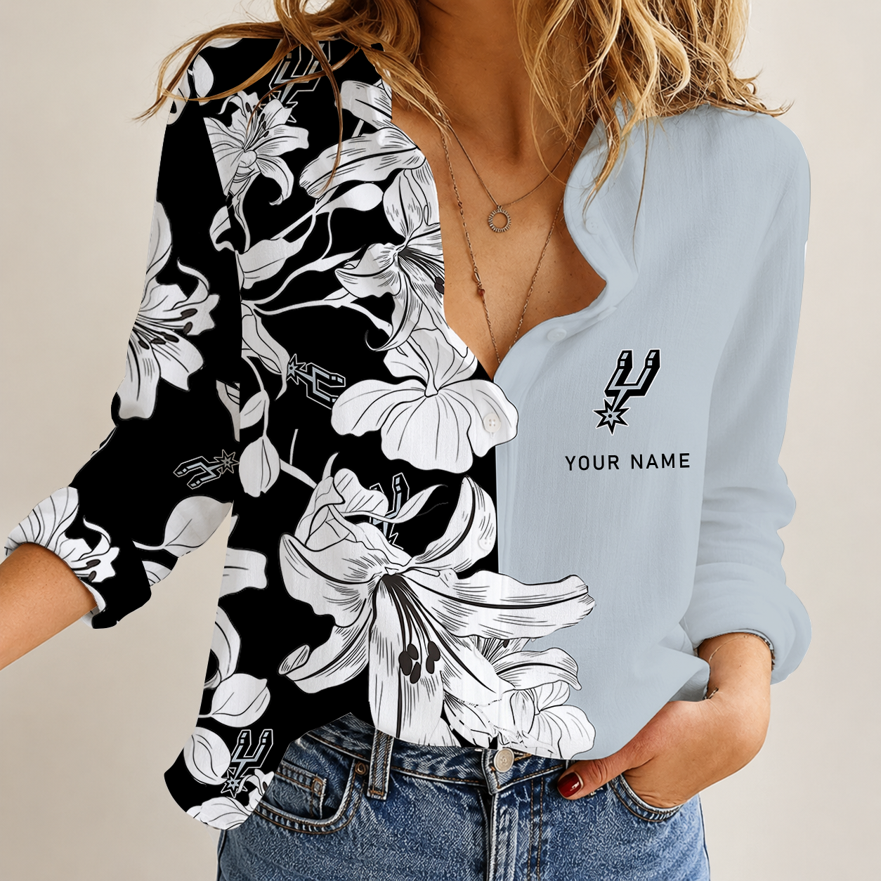 [HOT DEAL] NEW CUSTOMIZED NBA23 SAS SAN ANTONIO SPURS WOMEN CASUAL SHIRT FOR FAN