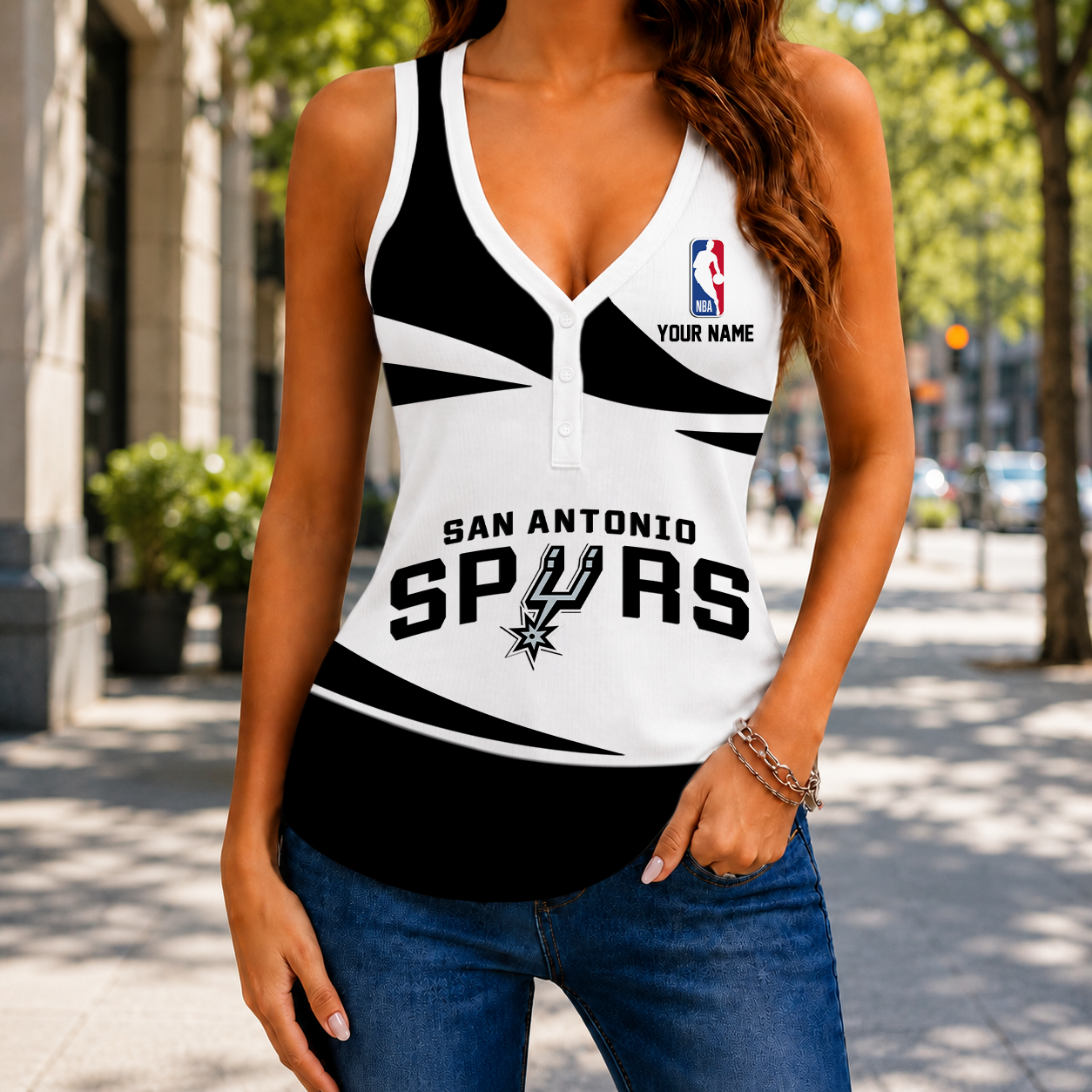 VIRAL EDITION - NEW CUSTOMIZED NBA23 SAS SAN ANTONIO SPURS WOMEN'S V-NECK TANK TOP