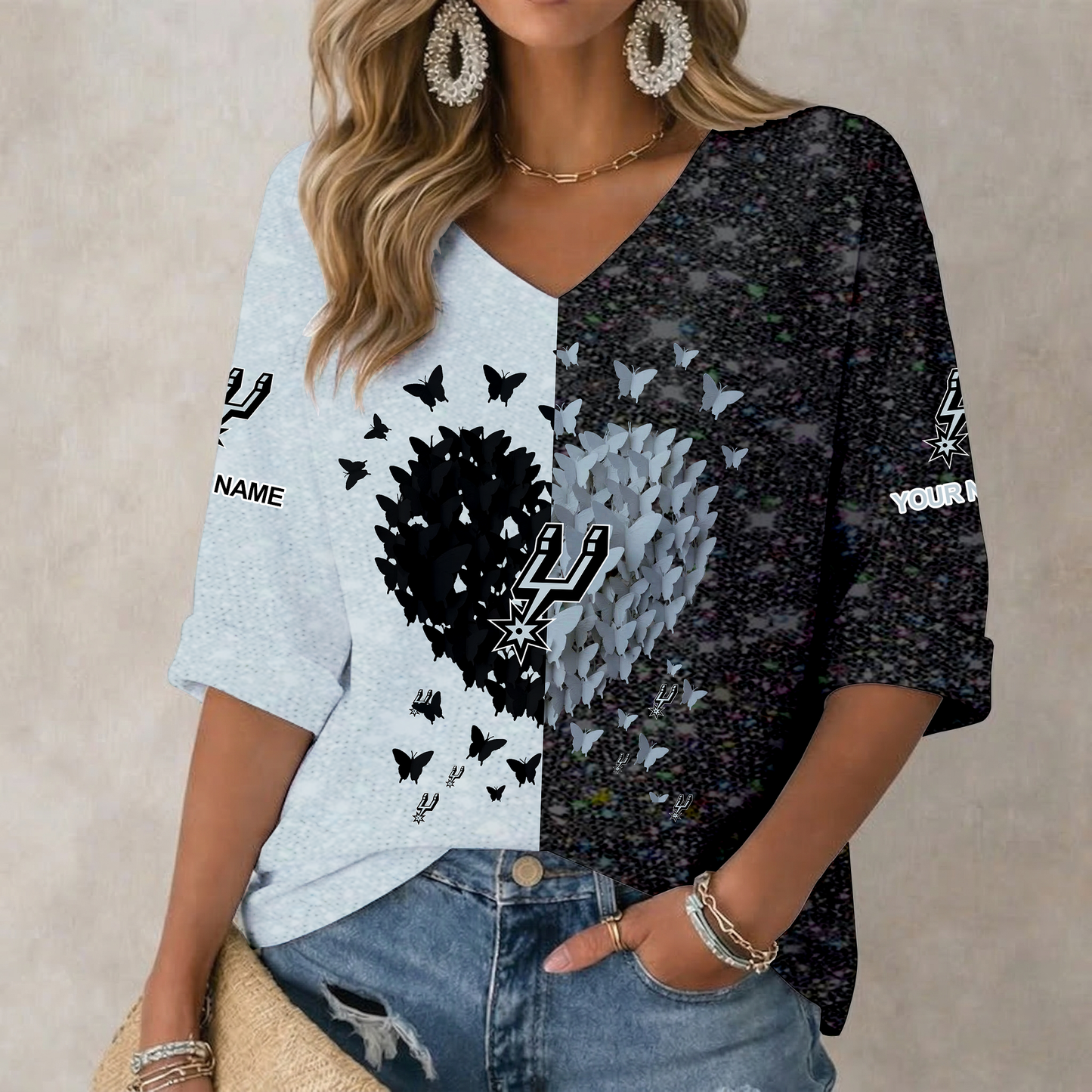 LIMITED EDITION - NEW CUSTOMIZED NBA23 SAS SAN ANTONIO SPURS WOMEN'S HEART V-NECK LONG SLEEVE SHIRT