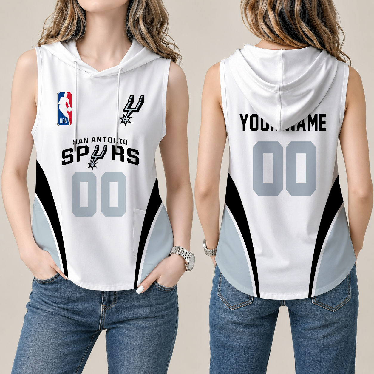 [HOT DEAL] NEW CUSTOMIZED NBA23 SAS SAN ANTONIO SPURS  WOMEN'S SLEEVELESS HOODED POCKET TANK TOP