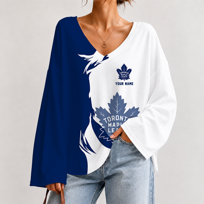 [SUPER SALE] NEW CUSTOMIZED NHL23 TML TORONTO MAPLE LEAFS V-NECK LONG SLEEVED CROP TOP