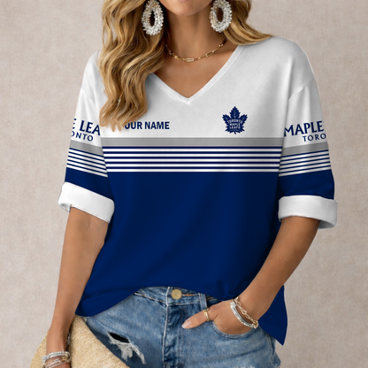 SPECIAL EDITION - NEW CUSTOMIZED NHL23 TML TORONTO MAPLE LEAFS WOMEN'S HEART V-NECK LONG SLEEVE SHIRT
