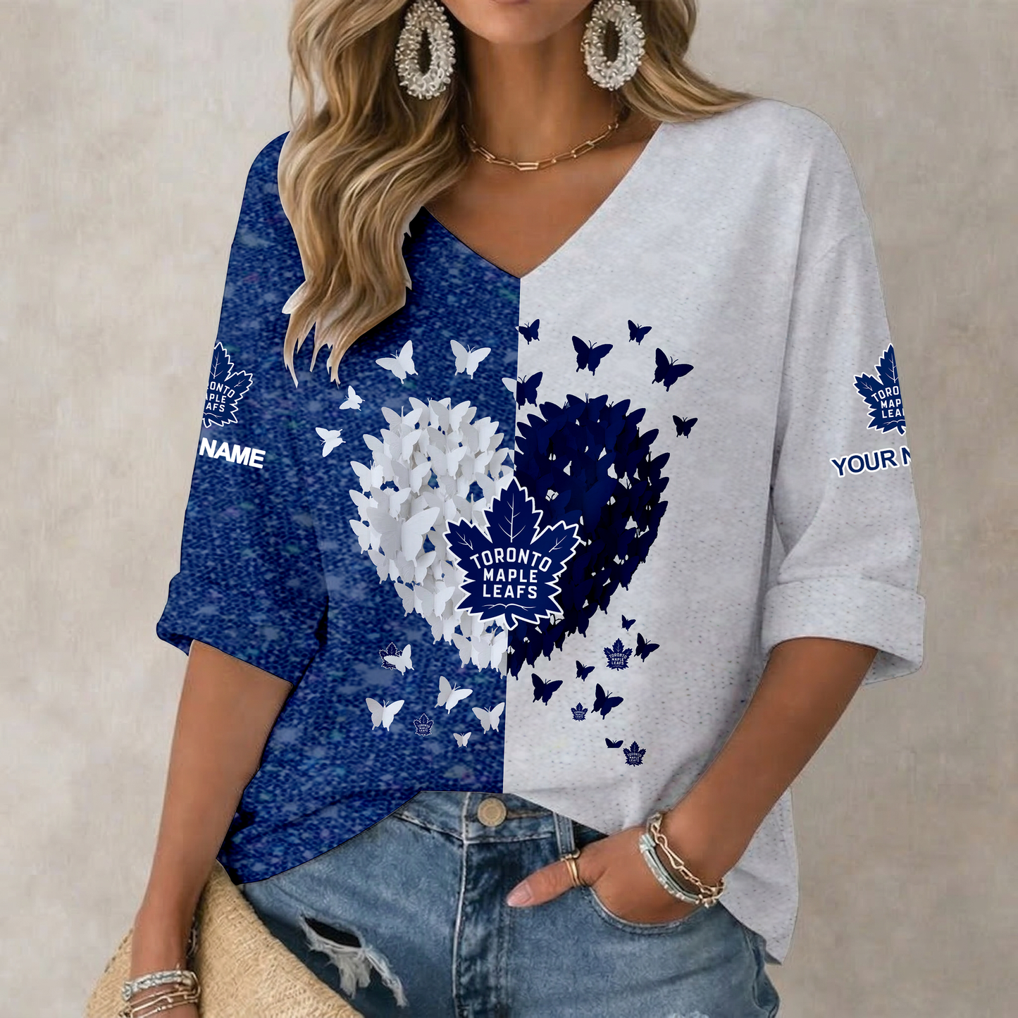 LIMITED EDITION - NEW CUSTOMIZED NHL23 TML TORONTO MAPLE LEAFS WOMEN'S HEART V-NECK LONG SLEEVE SHIRT