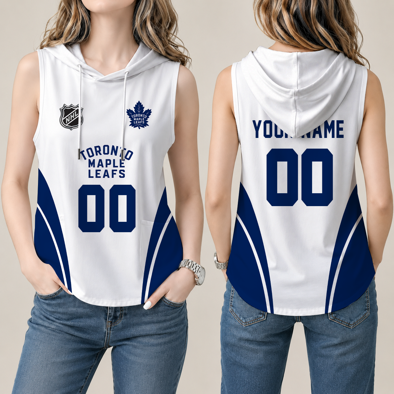 [SUPER SALE] NEW CUSTOMIZED NHL23 TML TORONTO MAPLE LEAFS WOMEN'S SLEEVELESS HOODED POCKET TANK TOP