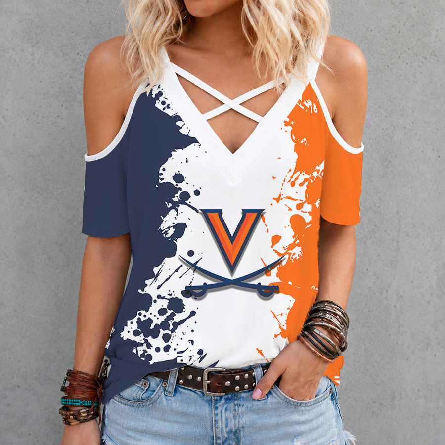 [FAN FAVORITE] NEW CUSTOMIZED NCAA MAM23 VIC VIRGINIA CAVALIERS CRISS CROSS V-NECK TOP