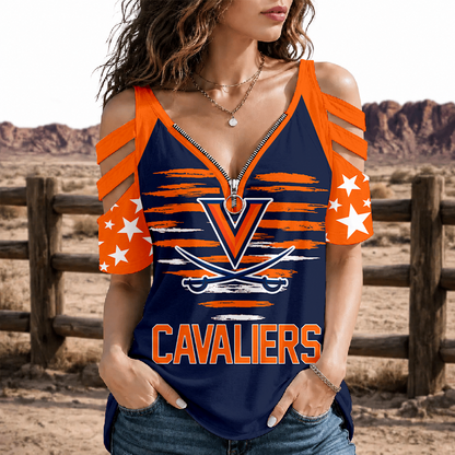 [FAN FAVORITE] NEW CUSTOMIZED NCAA MAM23 VIC VIRGINIA CAVALIERS STRAPPY COLD-SHOULDER TOP
