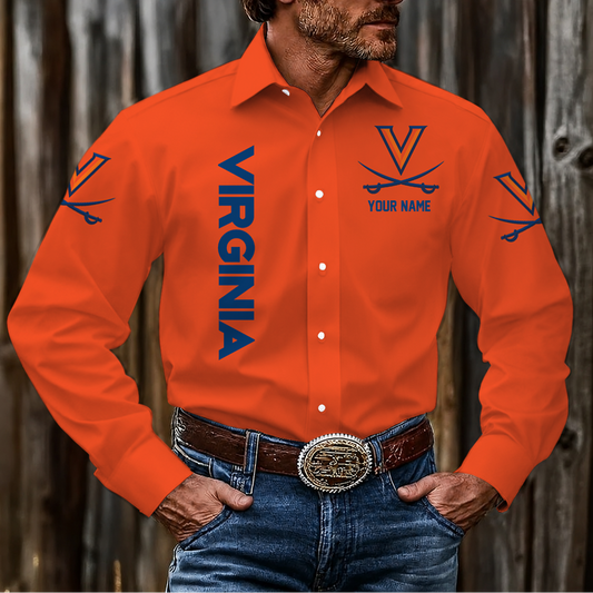 EXCLUSIVE EDITION - NEW CUSTOMIZED NCAA MAM23 VIC VIRGINIA CAVALIERS MEN'S LONG SLEEVE BUTTON-UP SHIRT