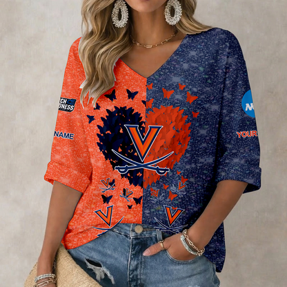 LIMITED EDITION - NEW CUSTOMIZED NCAA MAM23 VIC VIRGINIA CAVALIERS WOMEN'S HEART V-NECK LONG SLEEVE SHIRT