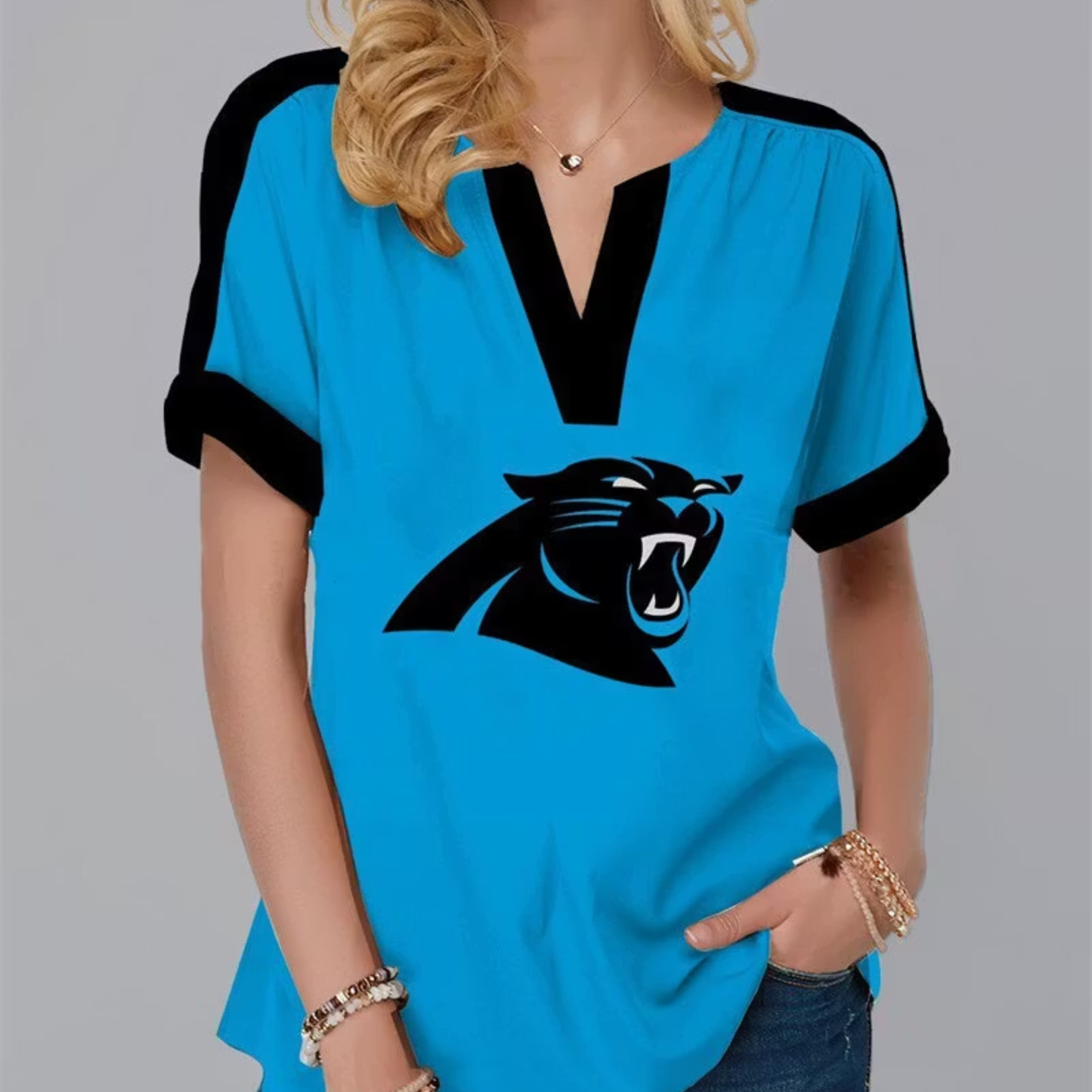 LIMITED EDITION - NEW CUSTOMIZED NFL23 CLP CAROLINA PANTHERS V-NECK FEMALE SHIRT