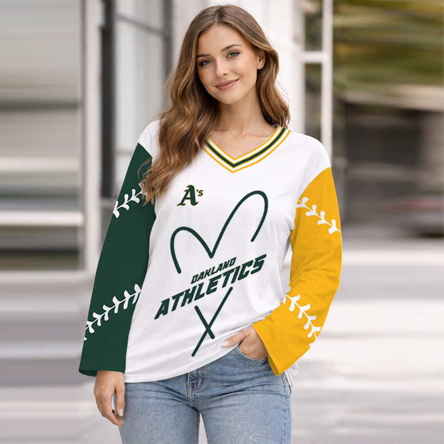 LIMITED EDITION - NEW CUSTOMIZED MLB23 OAS OAKLAND ATHLETICS WOMEN'S HEART V-NECK LONG SLEEVE SHIRT