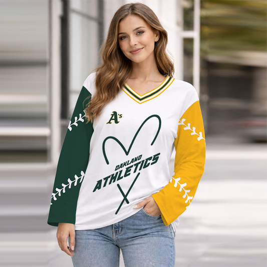 LIMITED EDITION - NEW CUSTOMIZED MLB23 OAS OAKLAND ATHLETICS WOMEN'S HEART V-NECK LONG SLEEVE SHIRT