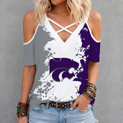 [FAN FAVORITE] NEW CUSTOMIZED NCAA FBS24 KSW KANSAS STATE WILDCATS CRISS CROSS V-NECK TOP