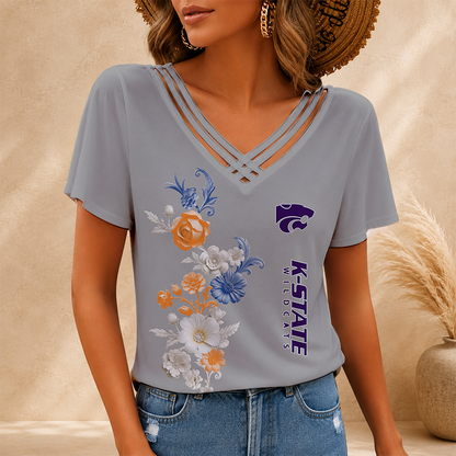 [FAN FAVORITE] NEW CUSTOMIZED NCAA FBS24 KSW KANSAS STATE WILDCATS V-NECK SHIRT