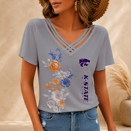 [FAN FAVORITE] NEW CUSTOMIZED NCAA FBS24 KSW KANSAS STATE WILDCATS V-NECK SHIRT