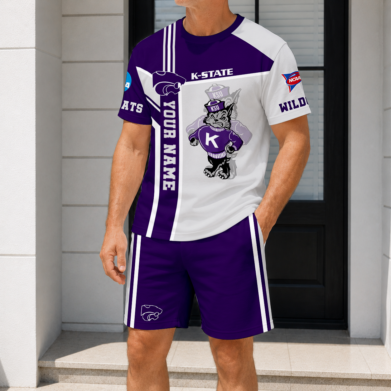 ELITE EDITION - NEW CUSTOMIZED NCAA FBS24 KSW KANSAS STATE WILDCATS T-SHIRT & SHORT PANTS SET