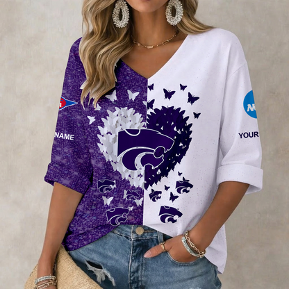 LIMITED EDITION - NEW CUSTOMIZED NCAA FBS24 KSW KANSAS STATE WILDCATS WOMEN'S HEART V-NECK LONG SLEEVE SHIRT