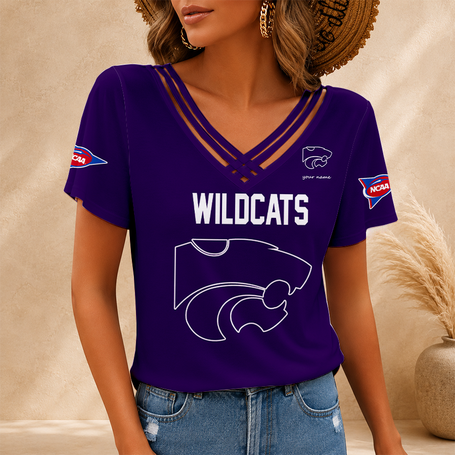 [FAN FAVORITE] NEW CUSTOMIZED NCAA FBS24 KSW KANSAS STATE WILDCATS V-NECK SHIRT