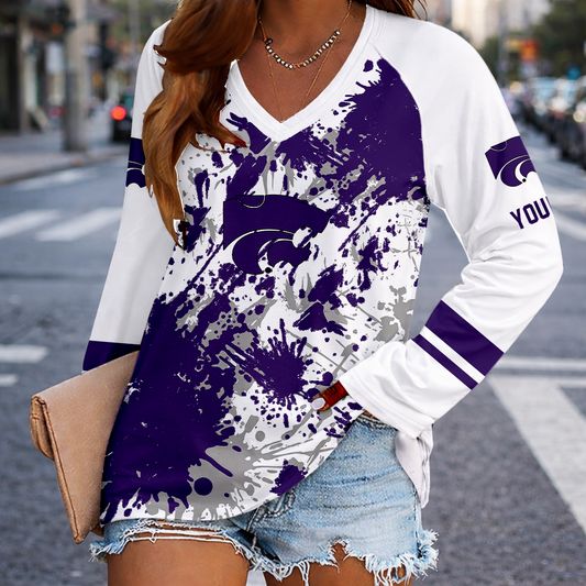 [FAN FAVORITE] NEW CUSTOMIZED NCAA FBS24 KSW KANSAS STATE WILDCATS WOMEN'S V-NECK LONG SLEEVED SHIRT
