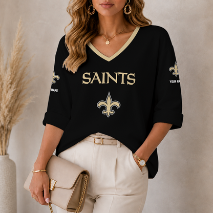 [SPECIAL OFFER] NEW CUSTOMIZED NFL24 NOS NEW ORLEANS SAINTS WOMEN'S HEART V-NECK LONG SLEEVE SHIRT