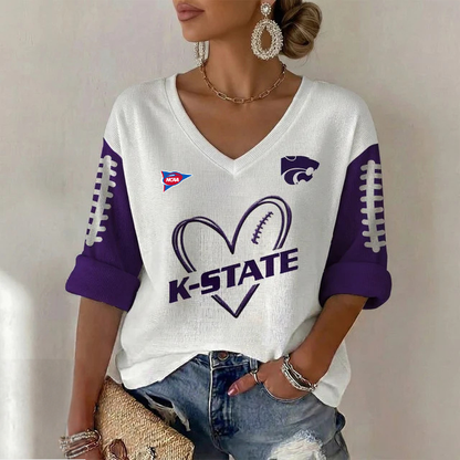 ELITE EDITION - NEW CUSTOMIZED NCAA FBS24 KSW KANSAS STATE WILDCATS WOMEN'S HEART V-NECK LONG SLEEVE SHIRT