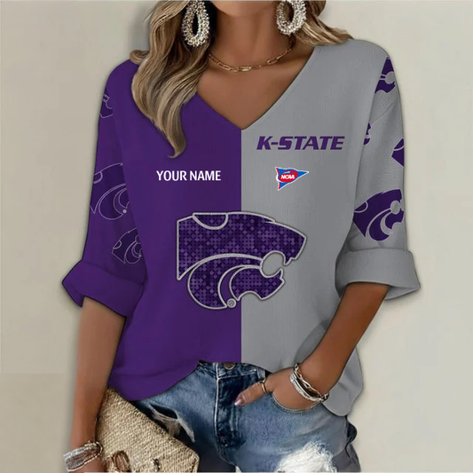 ELITE EDITION - NEW CUSTOMIZED NCAA FBS24 KSW KANSAS STATE WILDCATS WOMEN'S HEART V-NECK LONG SLEEVE SHIRT