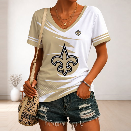 [SPECIAL OFFER] NEW CUSTOMIZED NFL24 NOS NEW ORLEANS SAINTS V-NECK FEMALE SHIRT