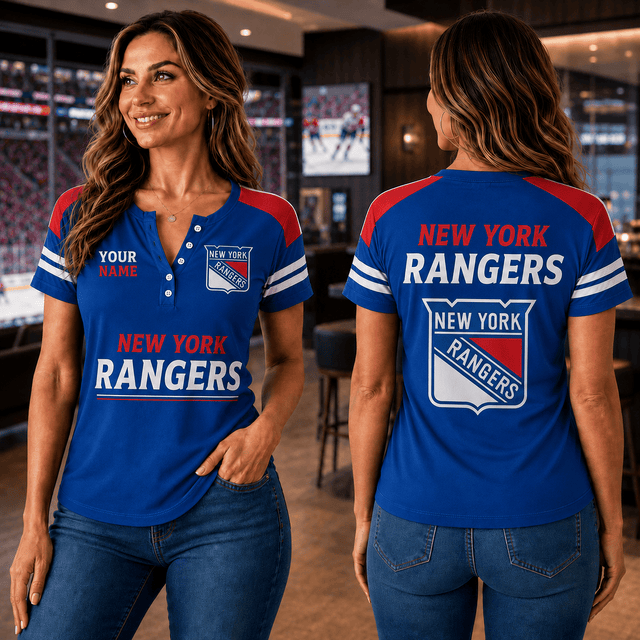 SPECIAL EDITION - NEW CUSTOMIZED NHL24 NYR NEW YORK RANGERS WOMEN'S SHORT SLEEVE HENLEY T-SHIRT