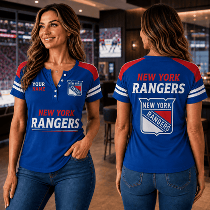 SPECIAL EDITION - NEW CUSTOMIZED NHL24 NYR NEW YORK RANGERS WOMEN'S SHORT SLEEVE HENLEY T-SHIRT