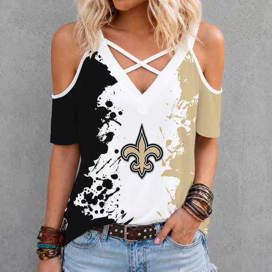 [SPECIAL OFFER] NEW CUSTOMIZED NFL24 NOS NEW ORLEANS SAINTS CRISS CROSS V-NECK TOP