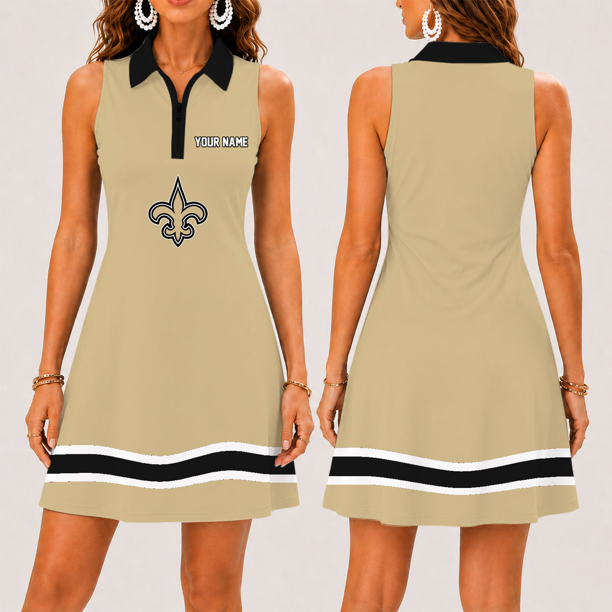 [SPECIAL OFFER] NEW CUSTOMIZED NFL24 NOS NEW ORLEANS SAINTS WOMEN'S ZIP SLEEVELESS POLO DRESS