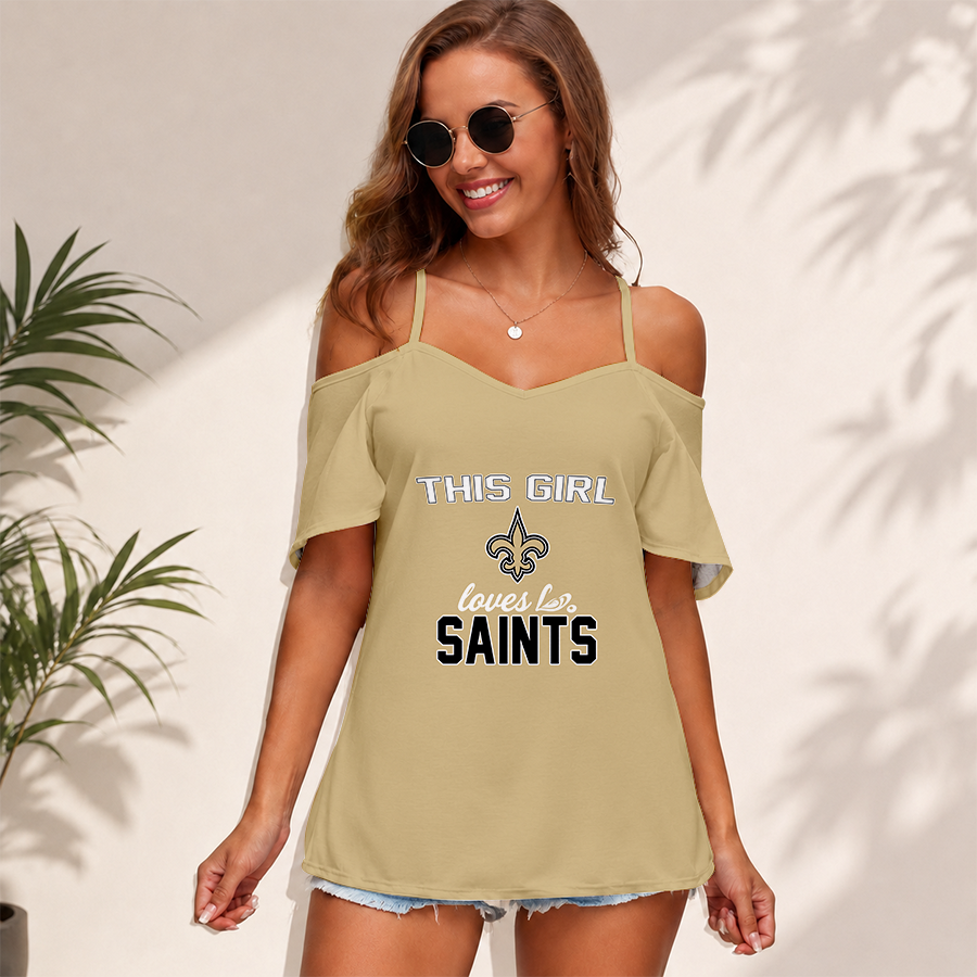 [SPECIAL OFFER] NEW CUSTOMIZED NFL24 NOS NEW ORLEANS SAINTS WOMEN'S STRAPPY OFF-SHOULDER TOP