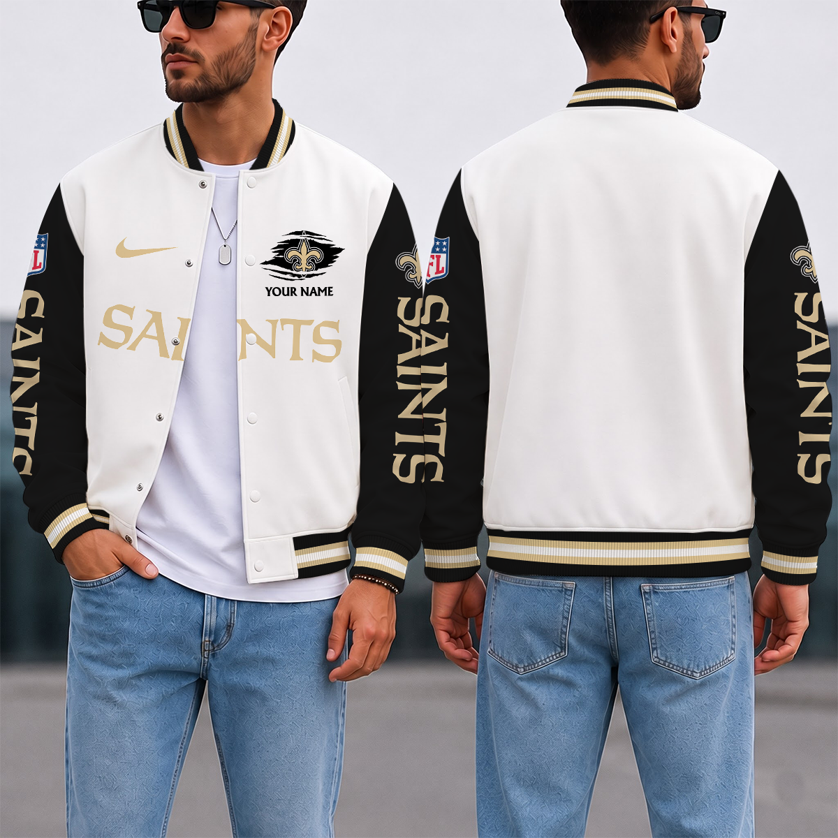 ELITE EDITION - NEW CUSTOMIZED NFL24 NOS NEW ORLEANS SAINTS SATIN VARSITY & BASEBALL JACKET