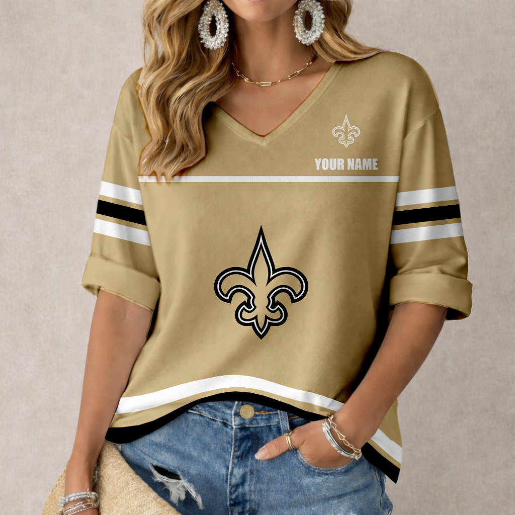 LIMITED EDITION - NEW CUSTOMIZED NFL24 NOS NEW ORLEANS SAINTS WOMEN'S V-NECK MID-SLEEVE SHIRT