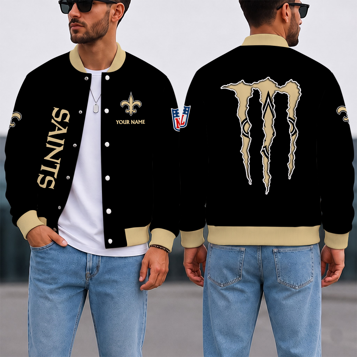 LIMITED EDITION - NEW CUSTOMIZED NFL24 NOS NEW ORLEANS SAINTS SATIN VARSITY & BASEBALL JACKET