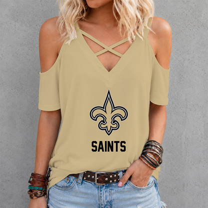 LIMITED EDITION - NEW CUSTOMIZED NFL24 NOS NEW ORLEANS SAINTS CRISS CROSS V-NECK TOP