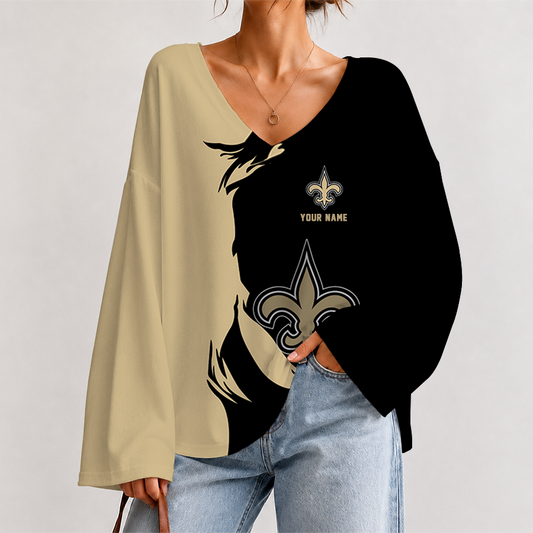 [SPECIAL OFFER] NEW CUSTOMIZED NFL24 NOS NEW ORLEANS SAINTS V NECK LONG SLEEVED CROP TOP